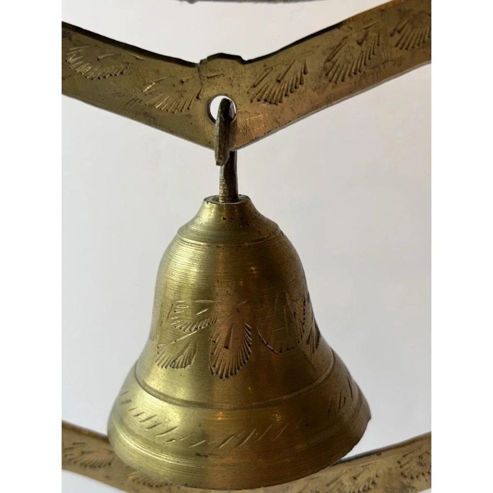 Vintage Brass Bell Tree 3 Etched Bells Stand Striker India Meditation Boho